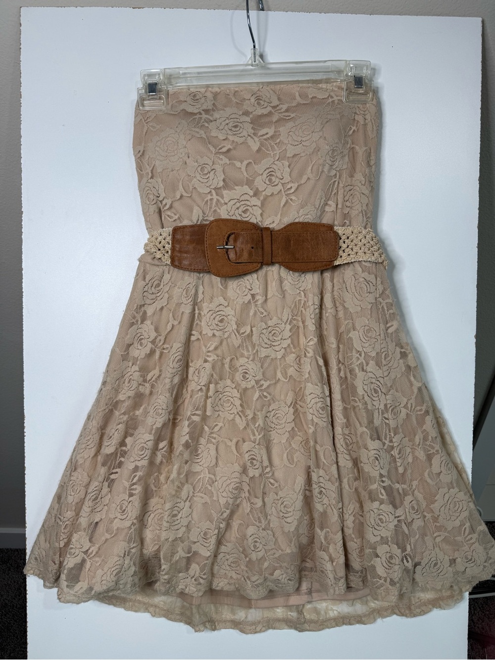Strapless Lace Fit & Flare Dress in Beige
